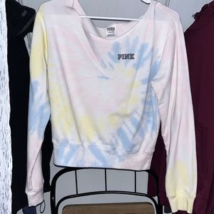 Off the shoulder pink sweatshirt